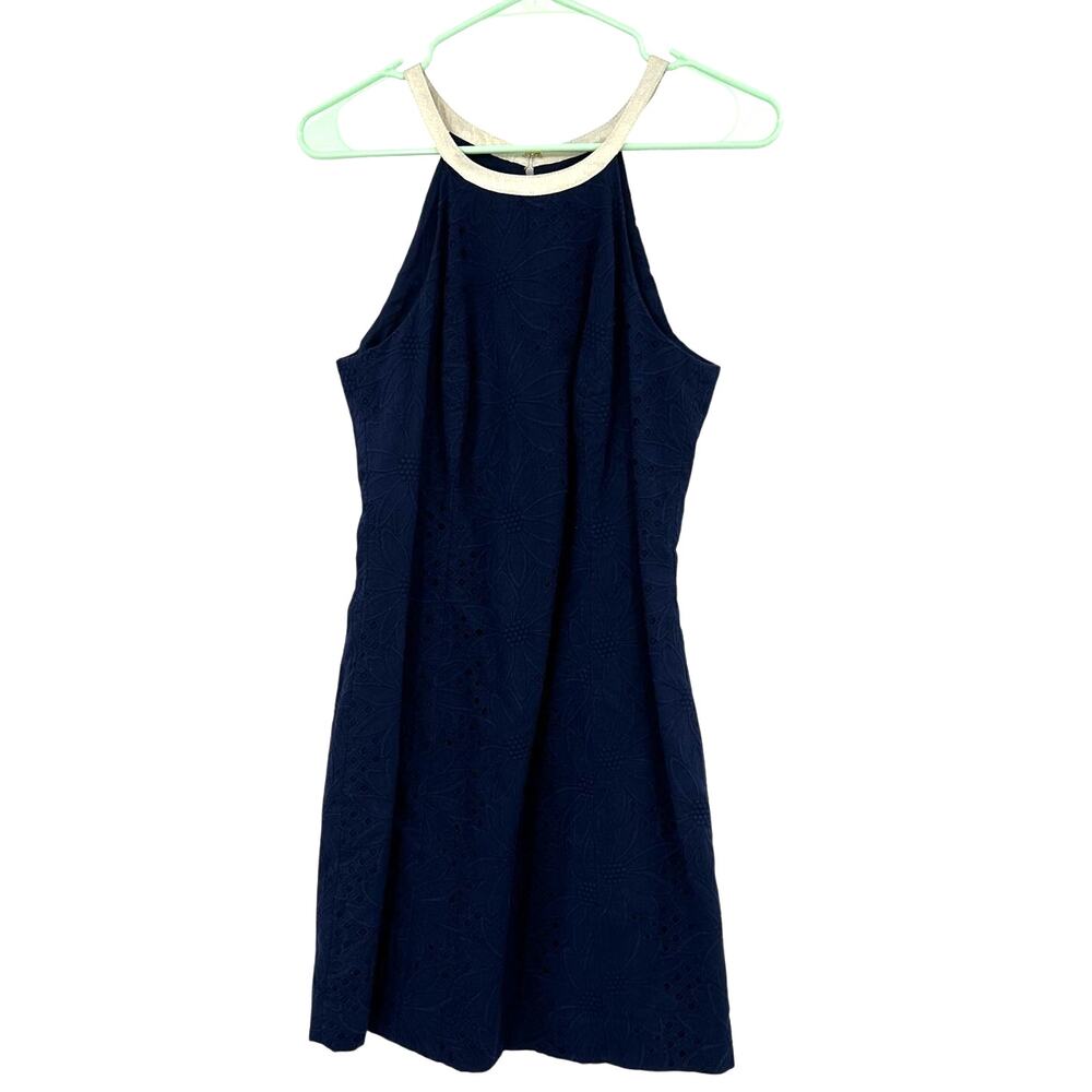 Lilly Pulitzer Size 4 Sleeveless Dress Dark Blue Eyelet Gold Straps Zip Up Rear